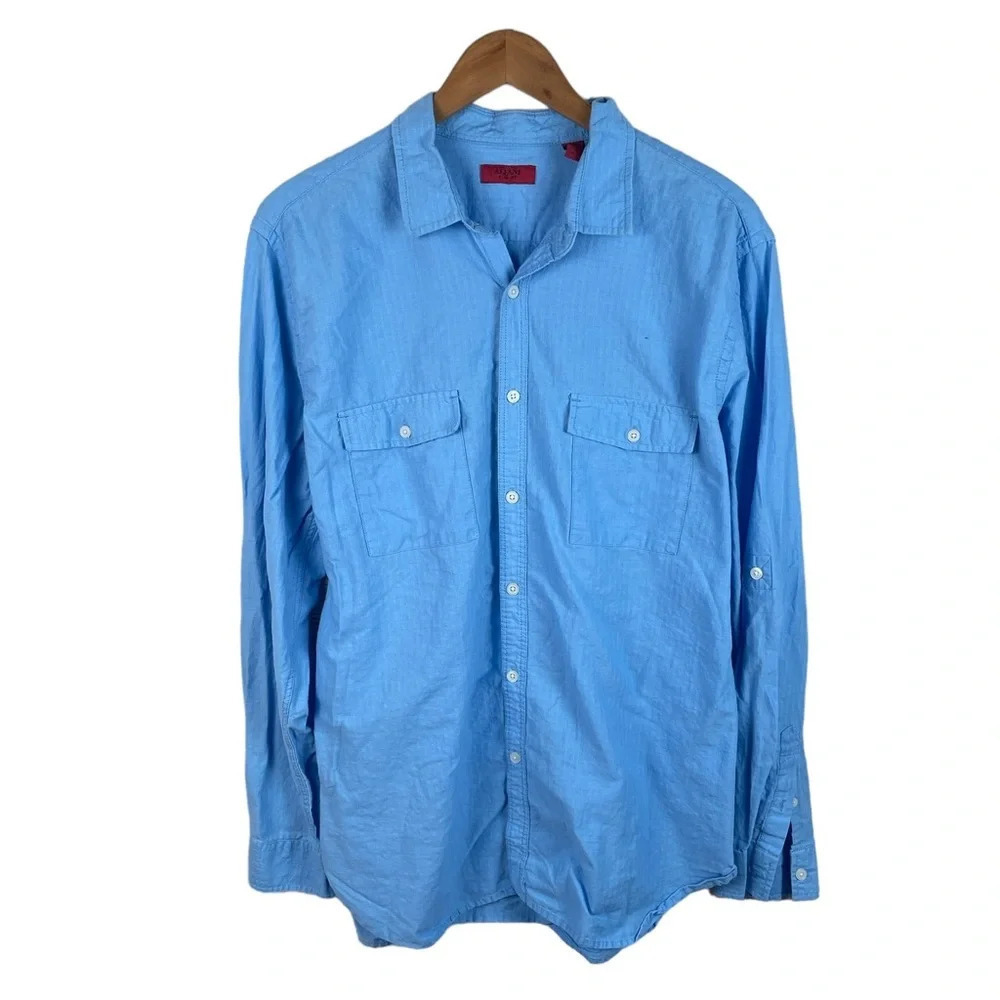 BF574 Mens Alfani Slim Fit Military Style Rolled Sleeve Linen Blend Shirt XL